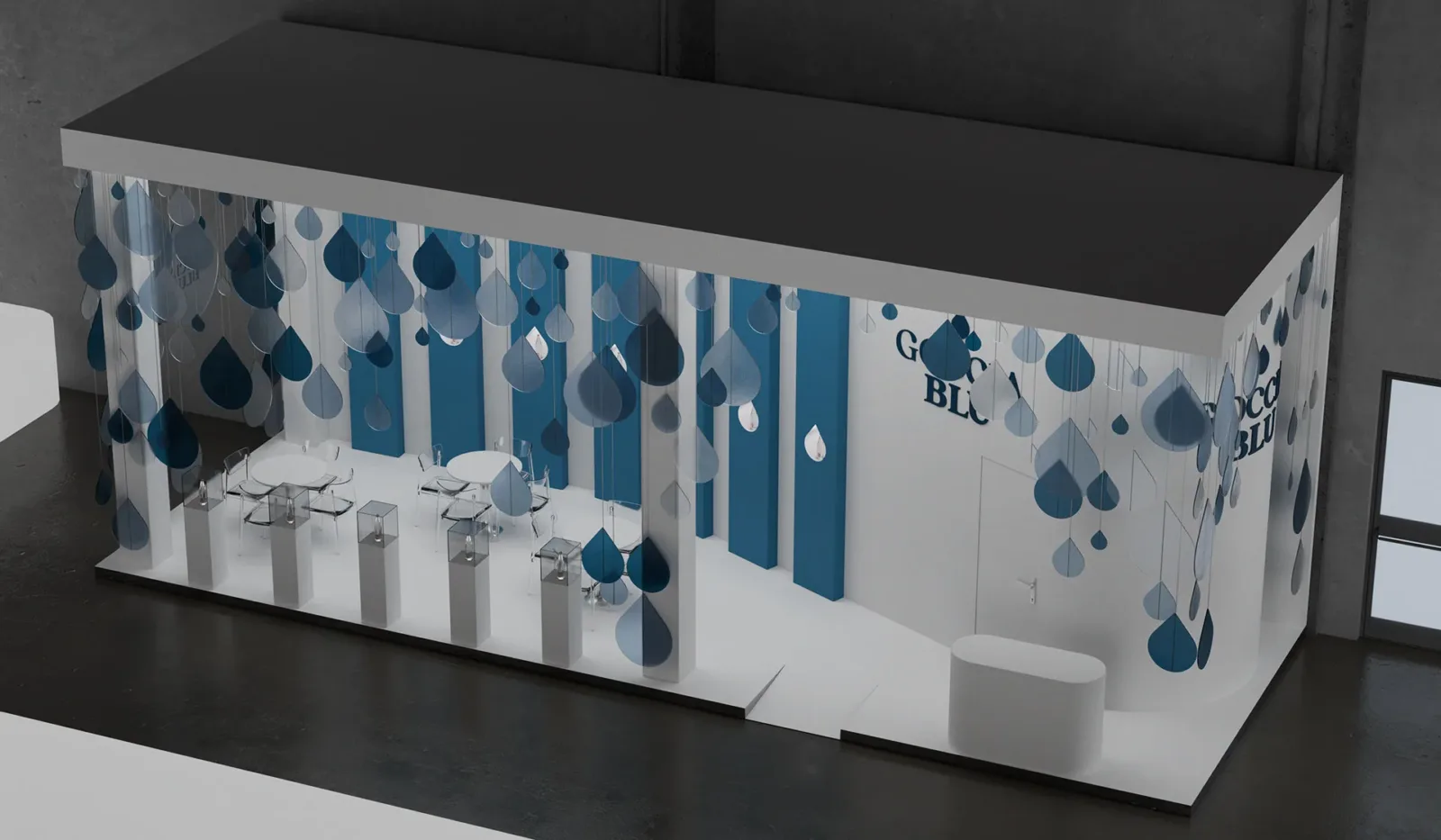 Stand Goccia Blu render 3D