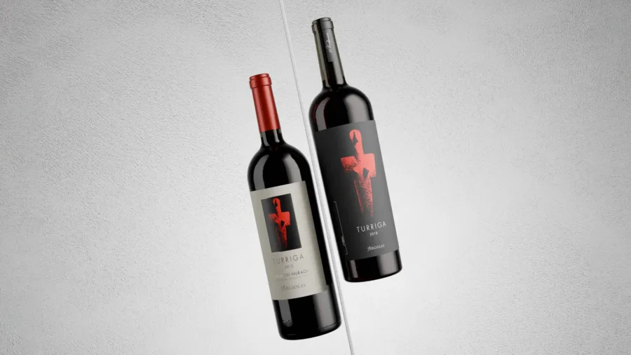 restyling dell'etichetta vino per turriga di argiolas, dettaglio prima e dopo