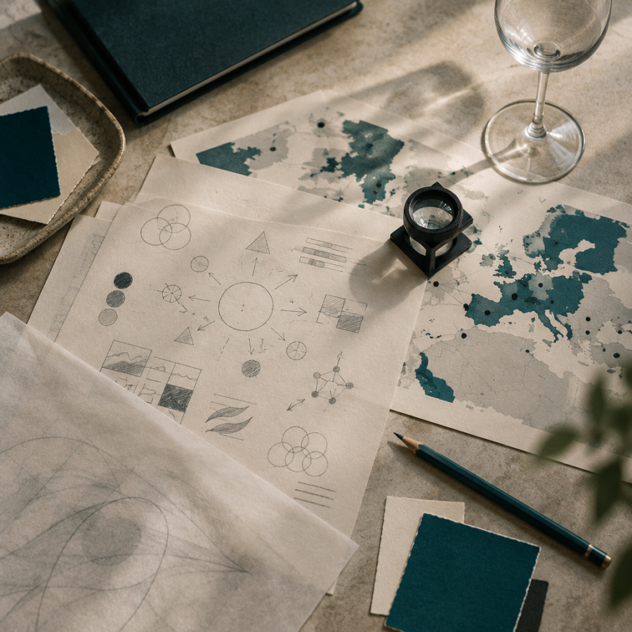 Scrivania di ricerca con appunti, mappe del mercato, lente e campioni di carta